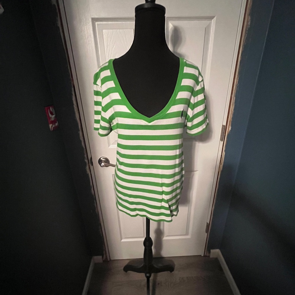 Green and White Ralph Lauren Sport Striped V-Neck Women's Top